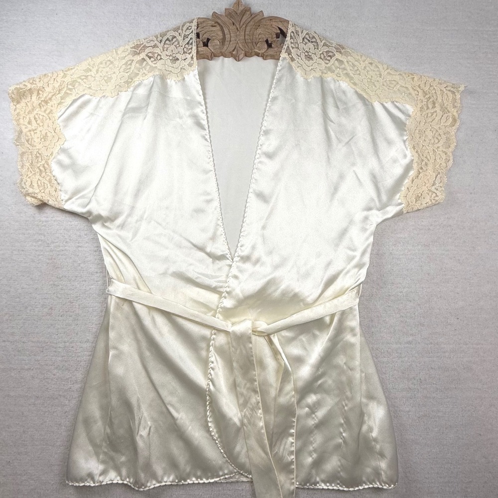 VTG Blanche Ivory Satin Lace Short Robe Med Cream Lingerie union made romantic